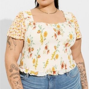 TORRID Smocked Flutter Short Sleeve Crop Top
